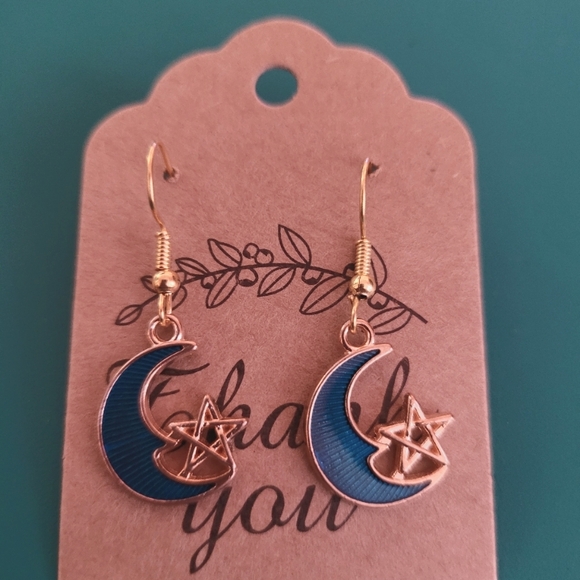 Hand Crafted Blue Moons with Stars Earrings - Picture 1 of 3